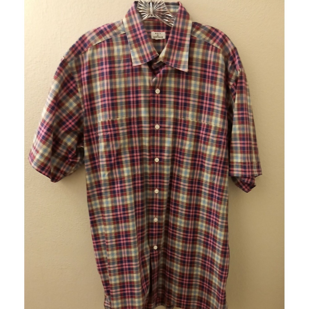 Maus & Hoffman Mens short Sleeve Button Down Shirt L Plaid blue purple